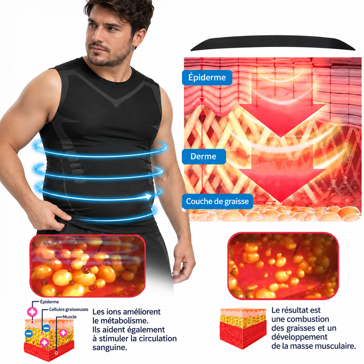 Débardeur de compression homme avec présentation de la technologie ionique annoncée par le fabricant