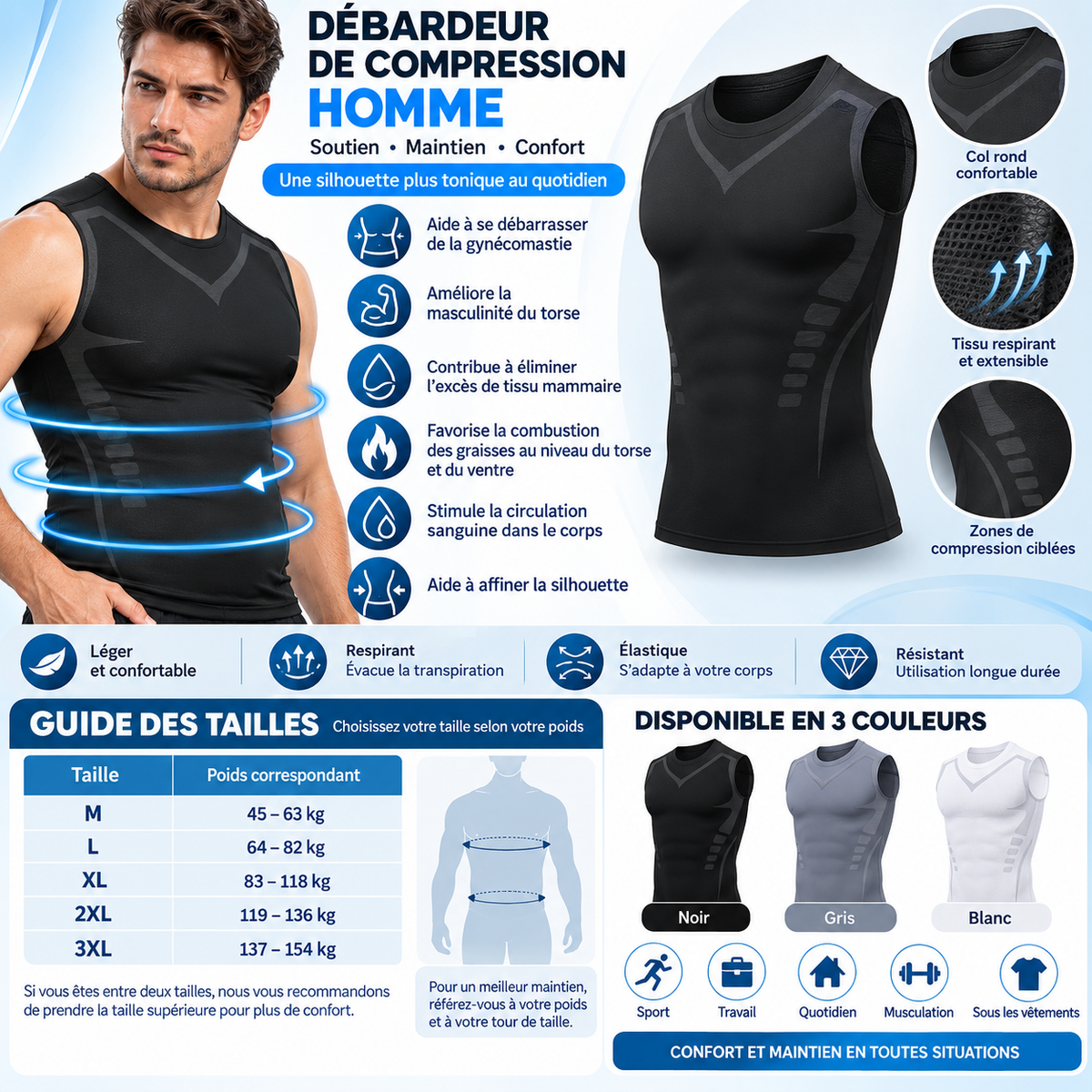 Débardeur gainant homme avec zones de compression pour le maintien du torse et du dos