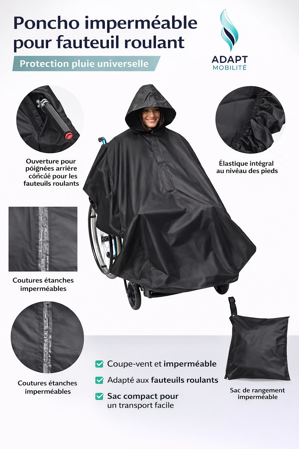 Poncho imperméable pour fauteuil roulant – Protection pluie universelle ADAPT MOBILITE