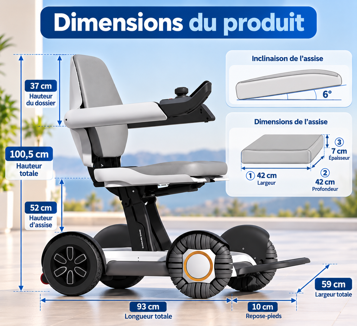 Dimensions en cm du fauteuil électrique pliable compact