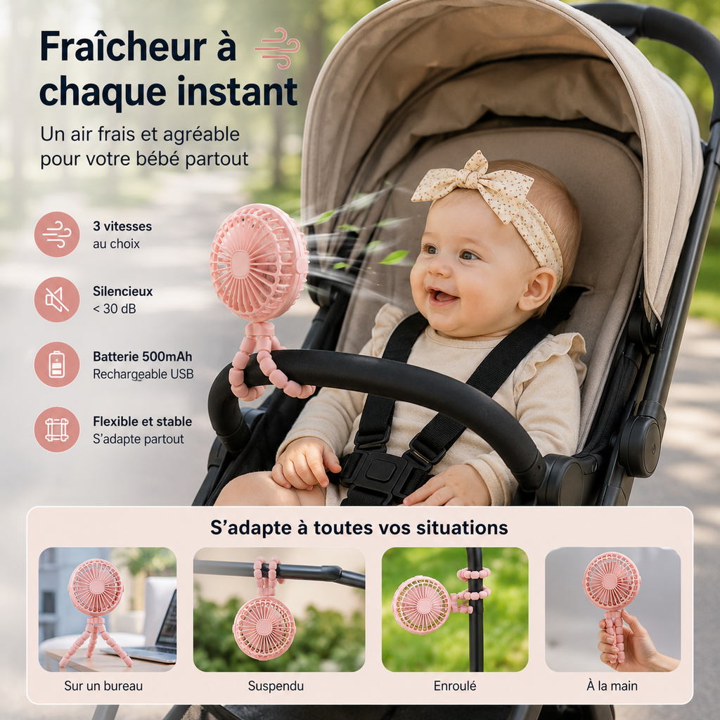 Ventilateur rechargeable fixé sur une poussette pour garder bébé au frais pendant les promenades.