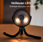 Ventilateur portable avec veilleuse LED intégrée pour un éclairage doux la nuit.