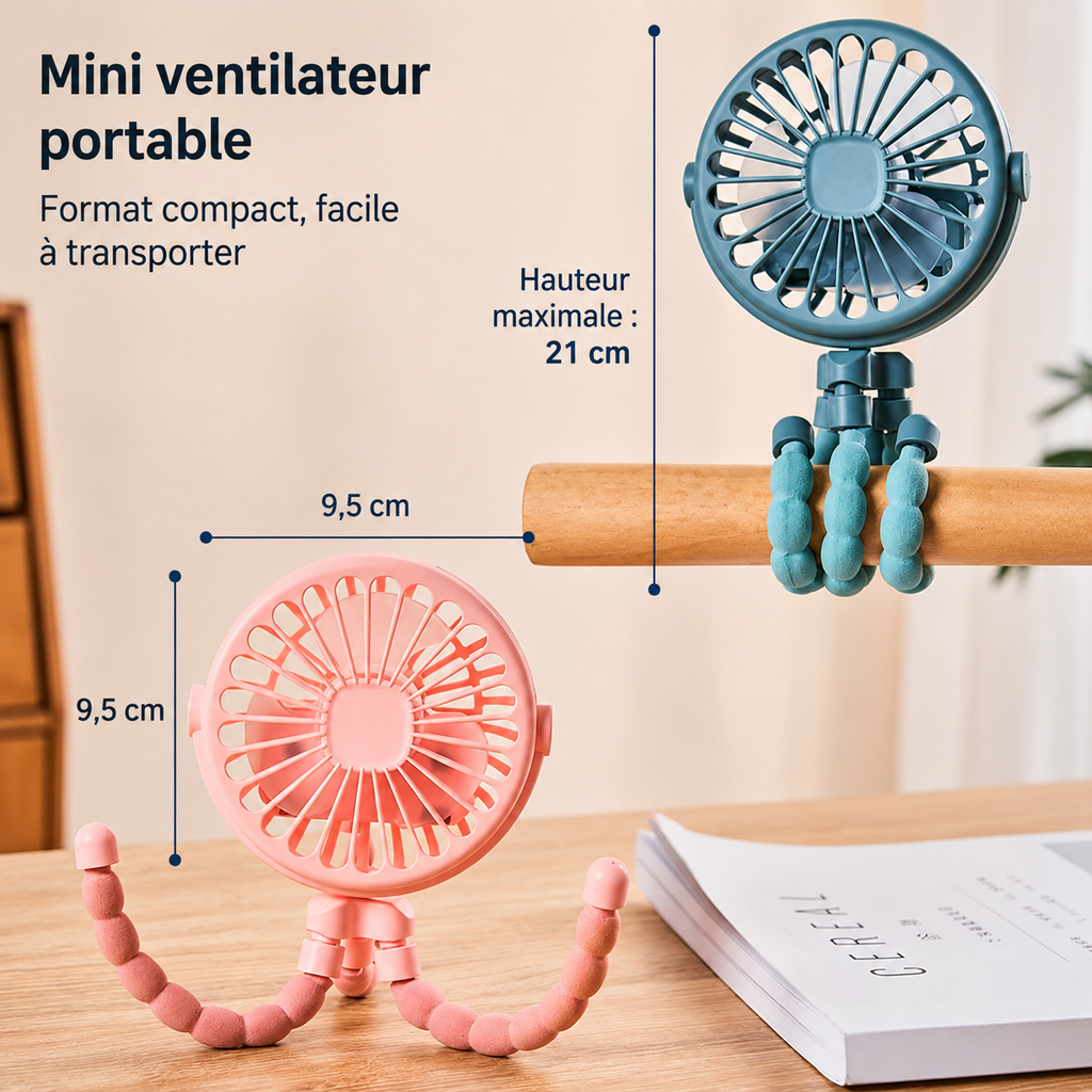 Dimensions du mini ventilateur portable flexible rechargeable avec trépied adaptable.