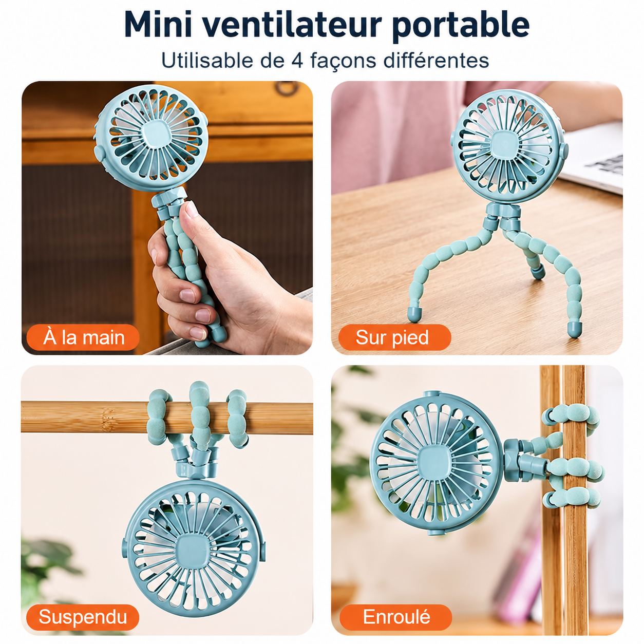 Ventilateur flexible utilisable à la main, sur pied, suspendu ou fixé sur différents supports.