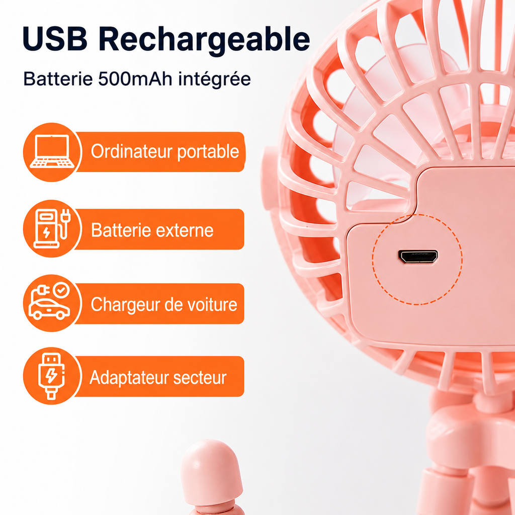 Ventilateur rechargeable par USB compatible ordinateur portable, batterie externe et chargeur secteur.