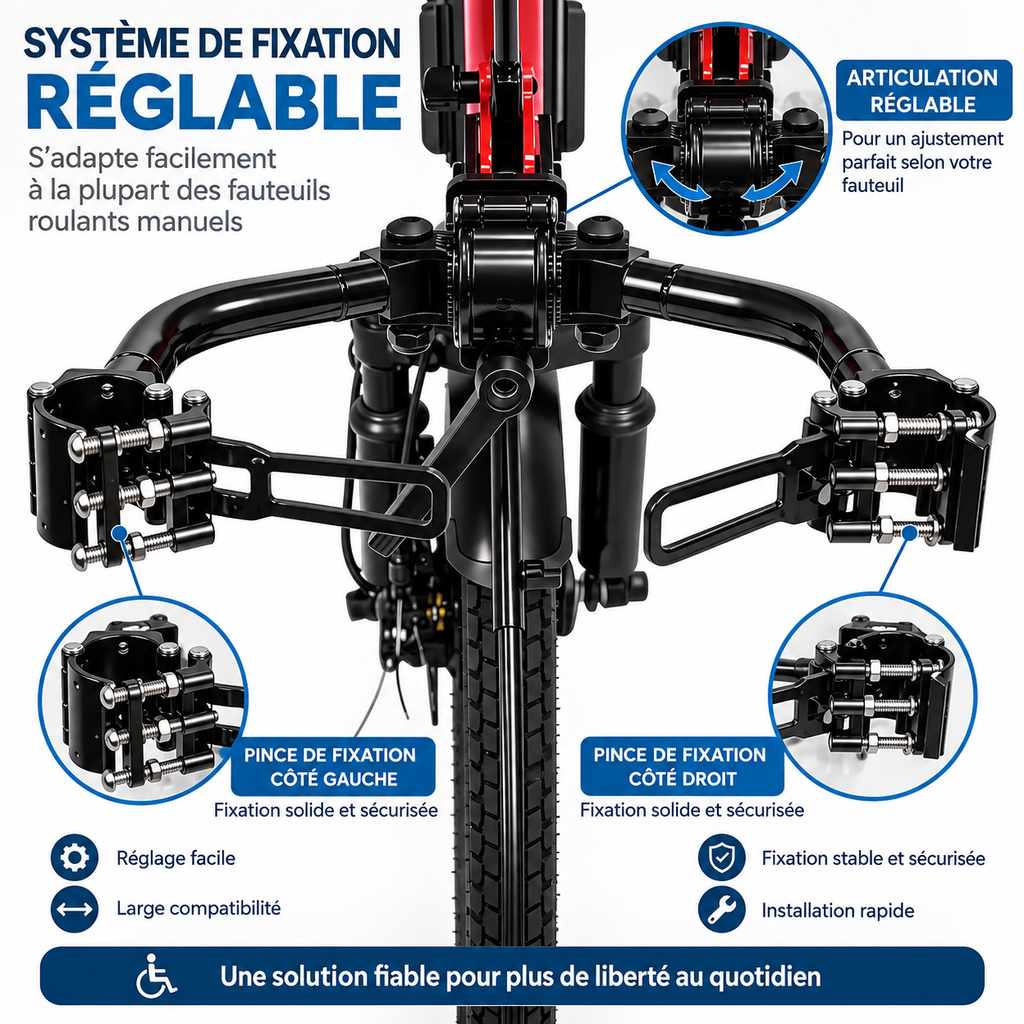 Handbike électrique installé sur un fauteuil 
