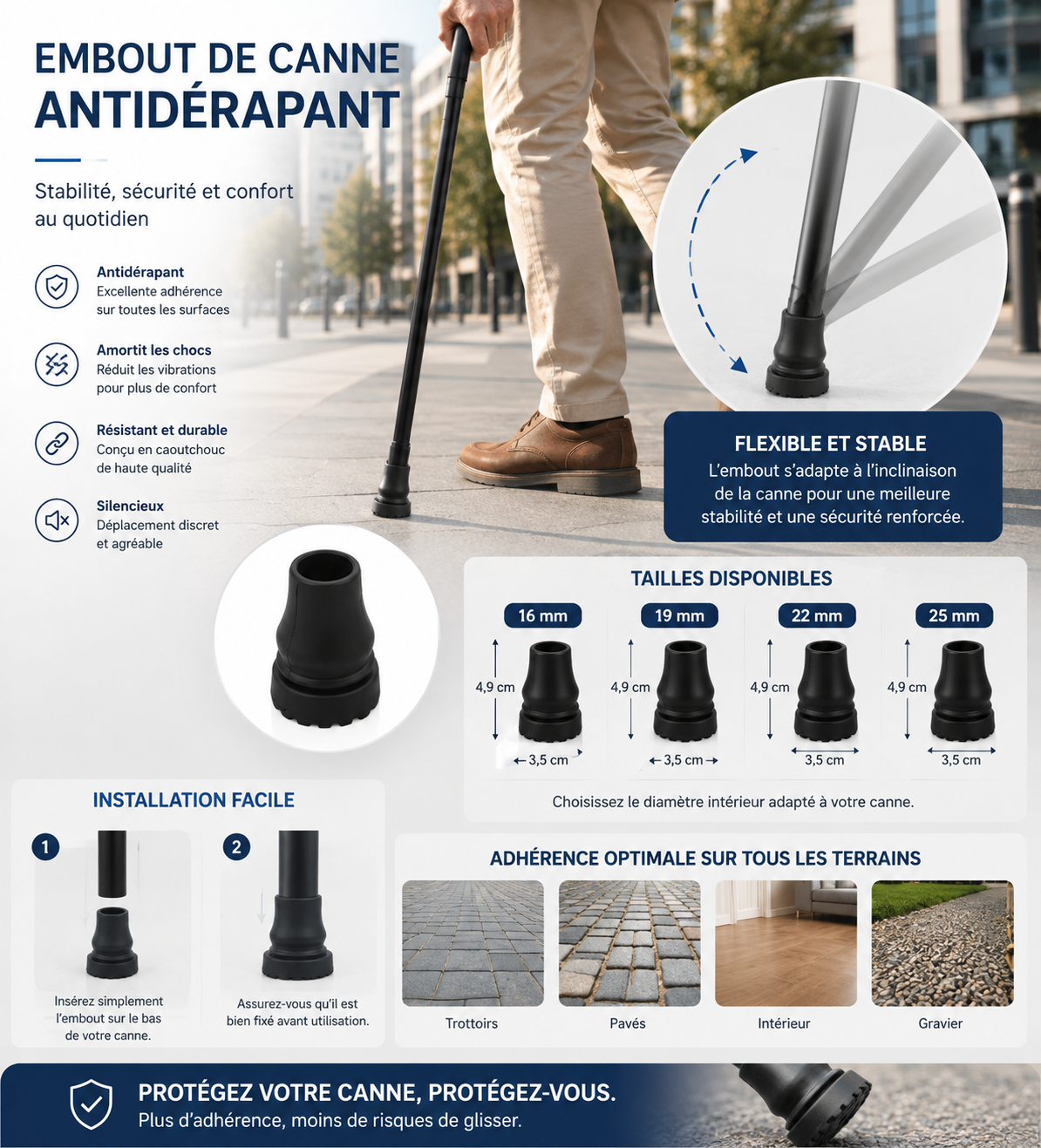 Embout flexible pour canne de marche avec semelle antidérapante