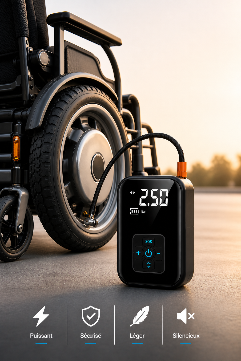 Gonfleur électrique sans fil utilisé sur fauteuil roulant – compresseur d’air portable puissant, précis et silencieux