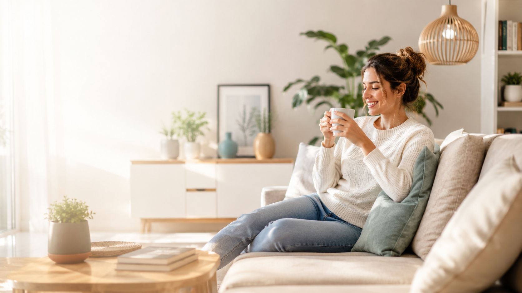Femme détendue sur canapé tenant une tasse — confort et bien-être au quotidien
