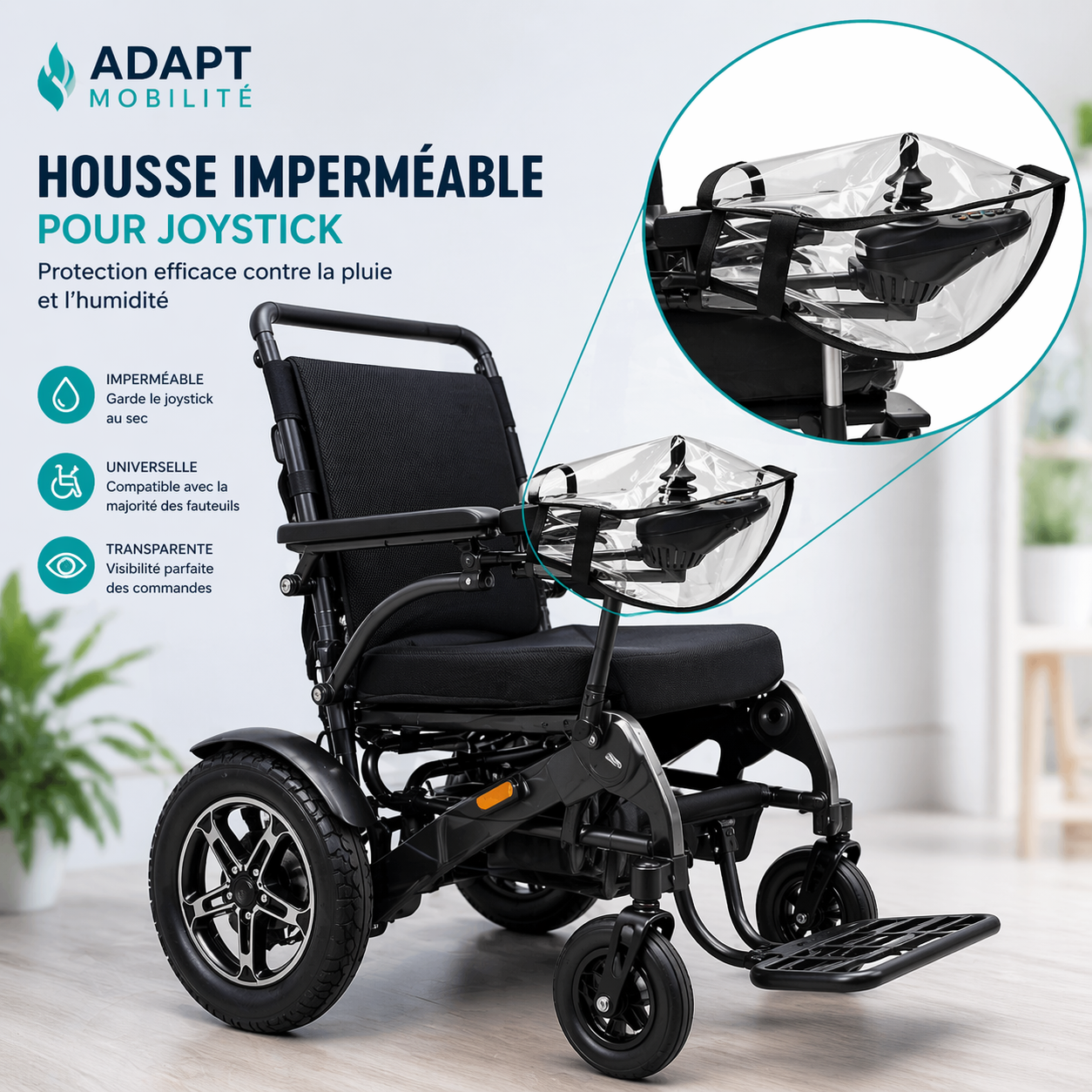 Housse joystick fauteuil roulant en utilisation avec main protégée pour garder le contrôle au sec sous la pluie