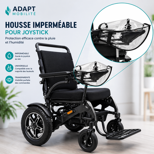 Housse joystick fauteuil roulant en utilisation avec main protégée pour garder le contrôle au sec sous la pluie