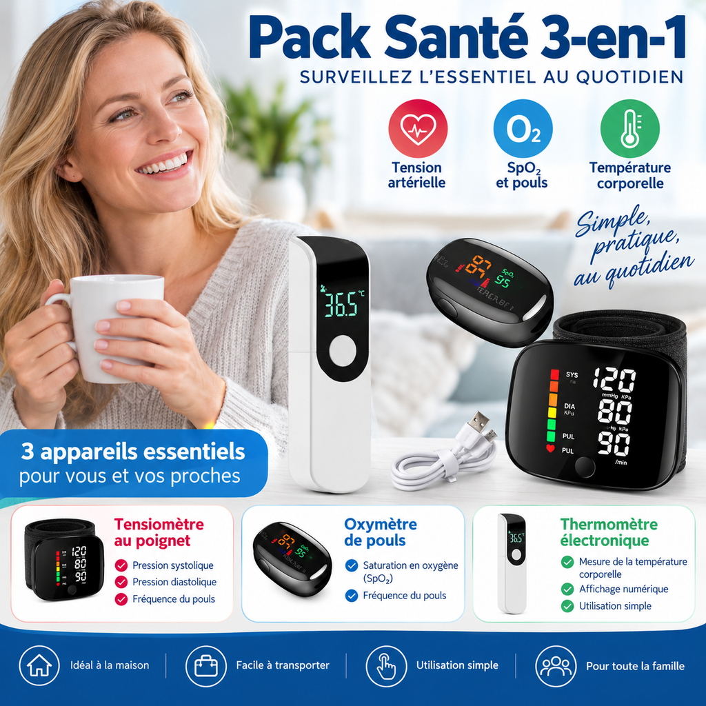 Kit 3-en-1 avec tensiomètre au poignet, oxymètre SpO2 et thermomètre infrarouge