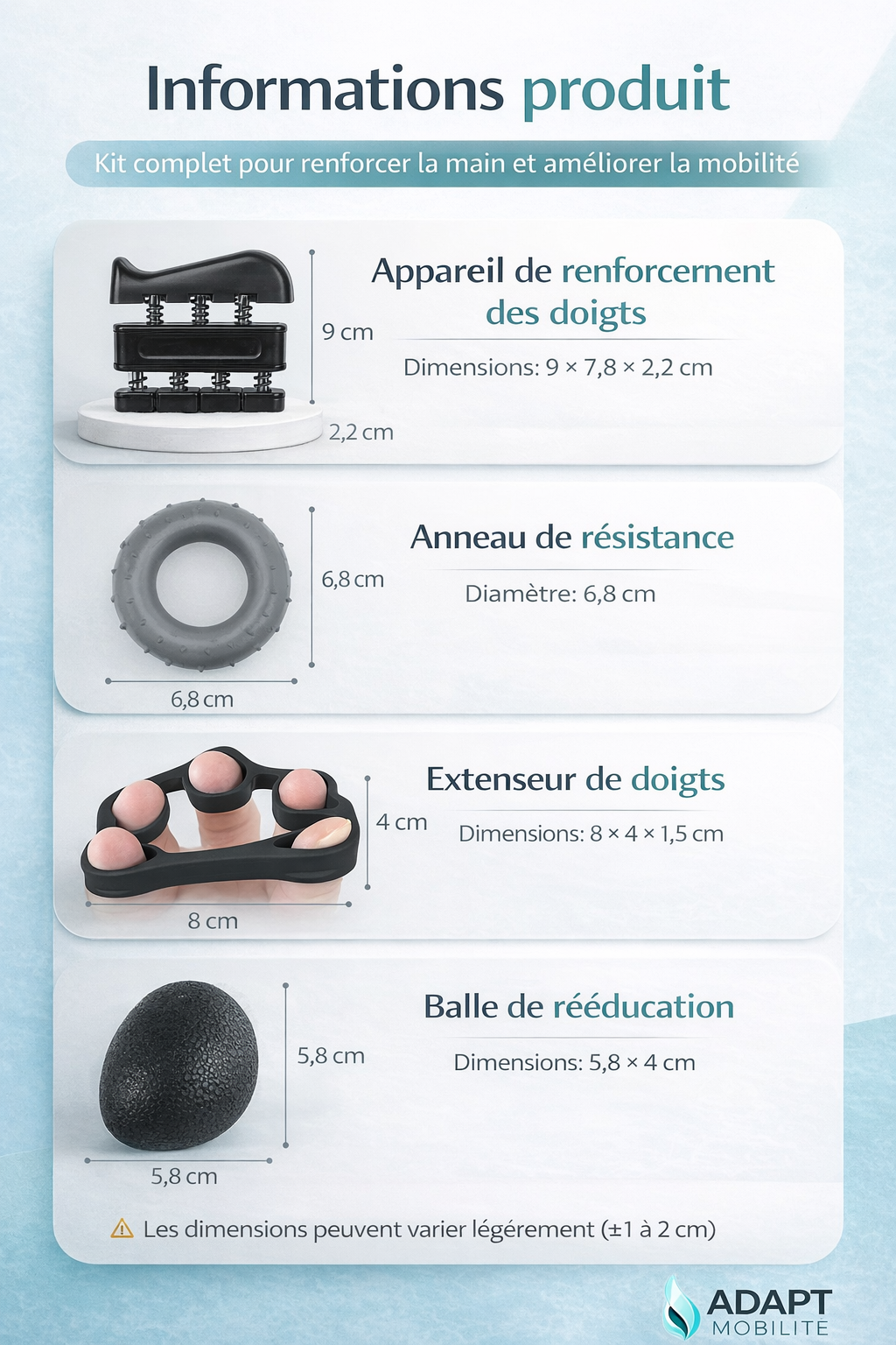Sac de rangement pour kit de rééducation de la main facile à transporter