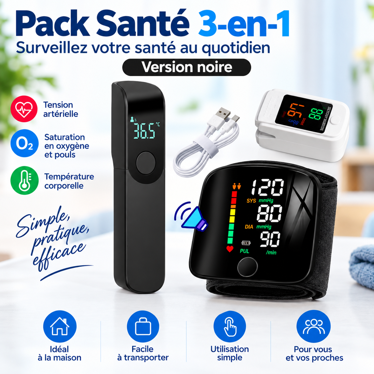 Kit santé 3-en-1 – Tensiomètre au poignet, oxymètre SpO₂ et thermomètre ADAPT Mobilité