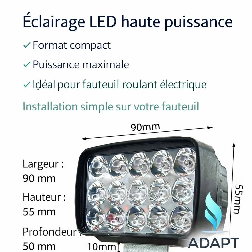 Éclairage LED Fauteuil Roulant Électrique – Puissance & Sécurité Nocturne ADAPT MOBILITE