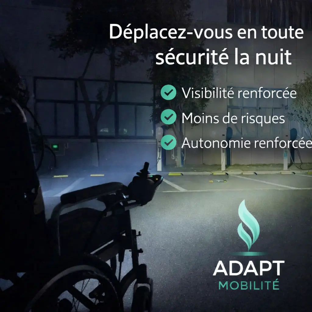 Éclairage LED Fauteuil Roulant Électrique – Puissance & Sécurité Nocturne ADAPT MOBILITE