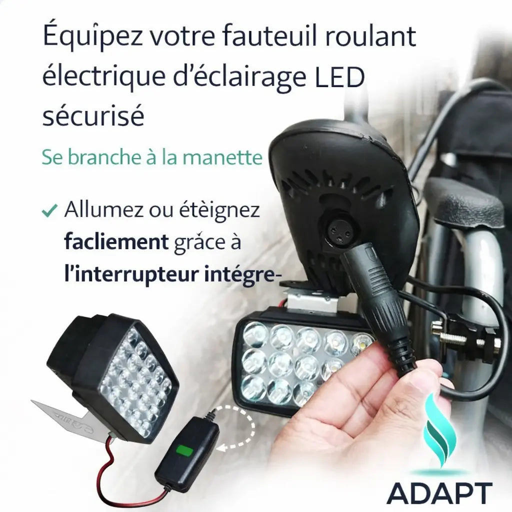 Éclairage LED Fauteuil Roulant Électrique – Puissance & Sécurité Nocturne ADAPT MOBILITE