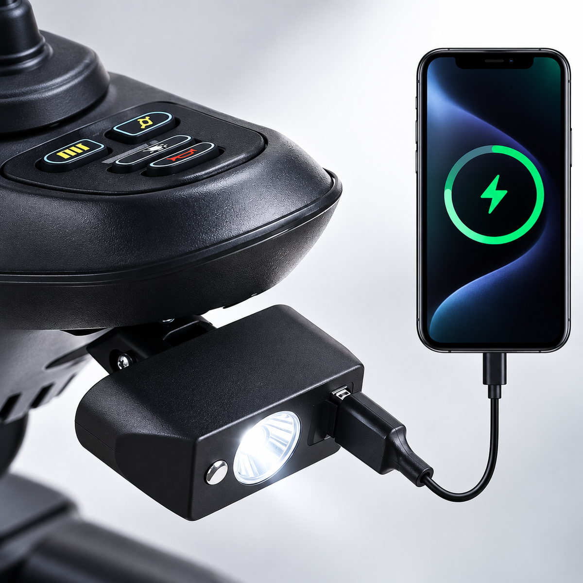 Lampe pour fauteuil électrique avec port USB permettant de recharger un smartphone