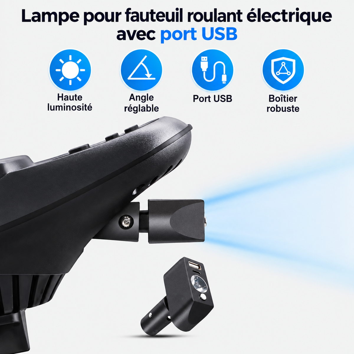 Lampe LED pour fauteuil roulant électrique avec angle réglable et port USB