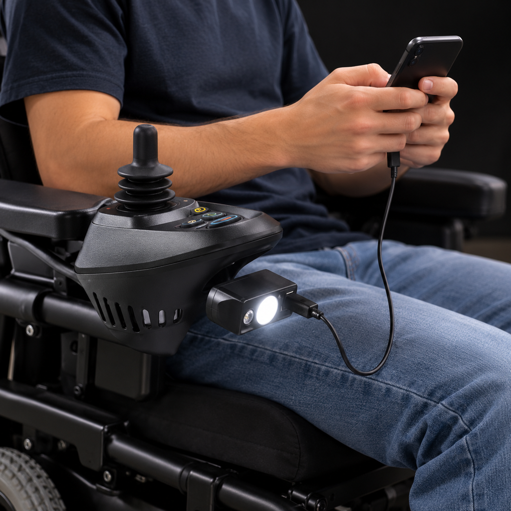 Lampe LED pour fauteuil roulant électrique avec port USB pour recharger un téléphone