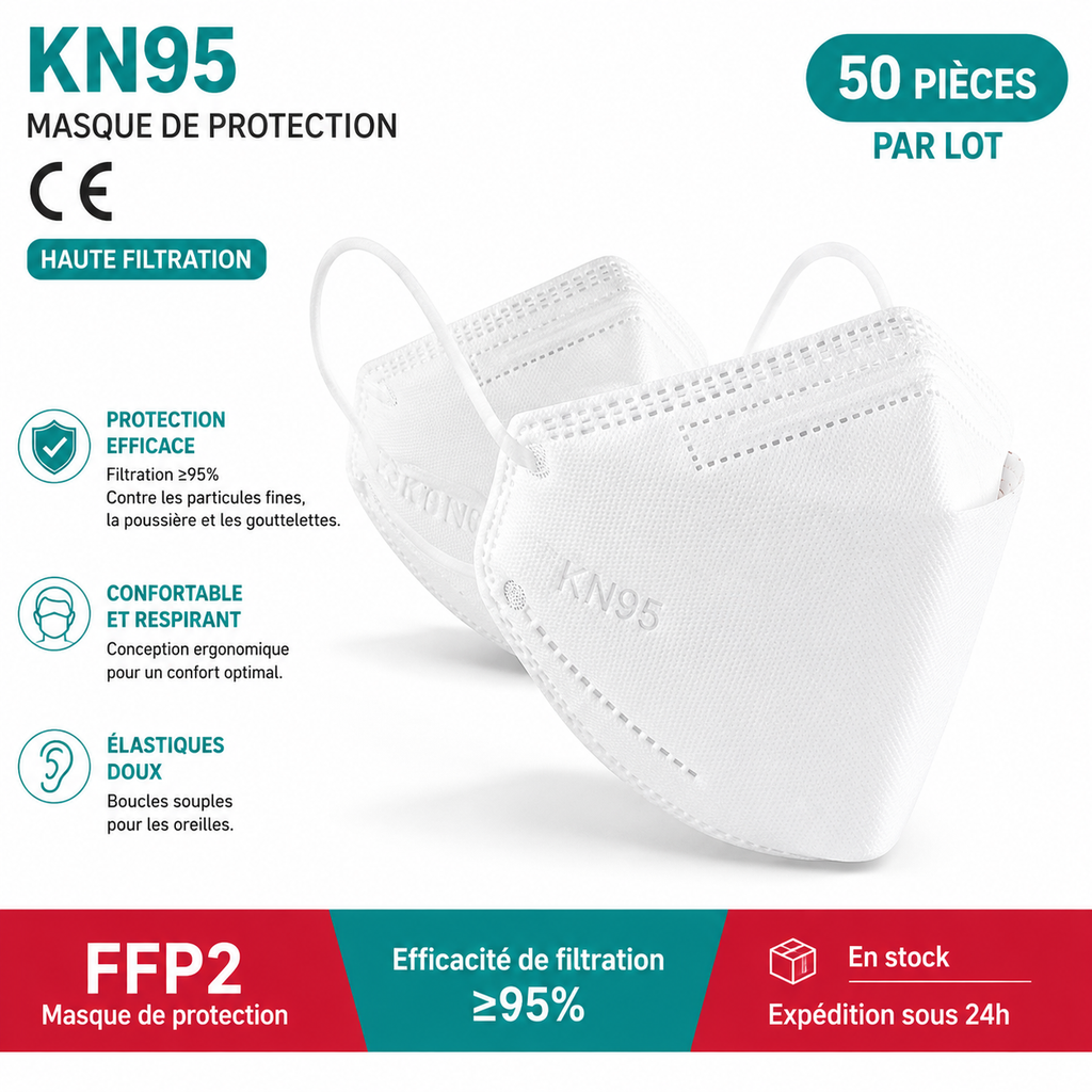 Masque KN95 FFP2 Lot de 50 – Masque respiratoire 4 couches ≥95 % – Plusieurs couleurs ADAPT Mobilité