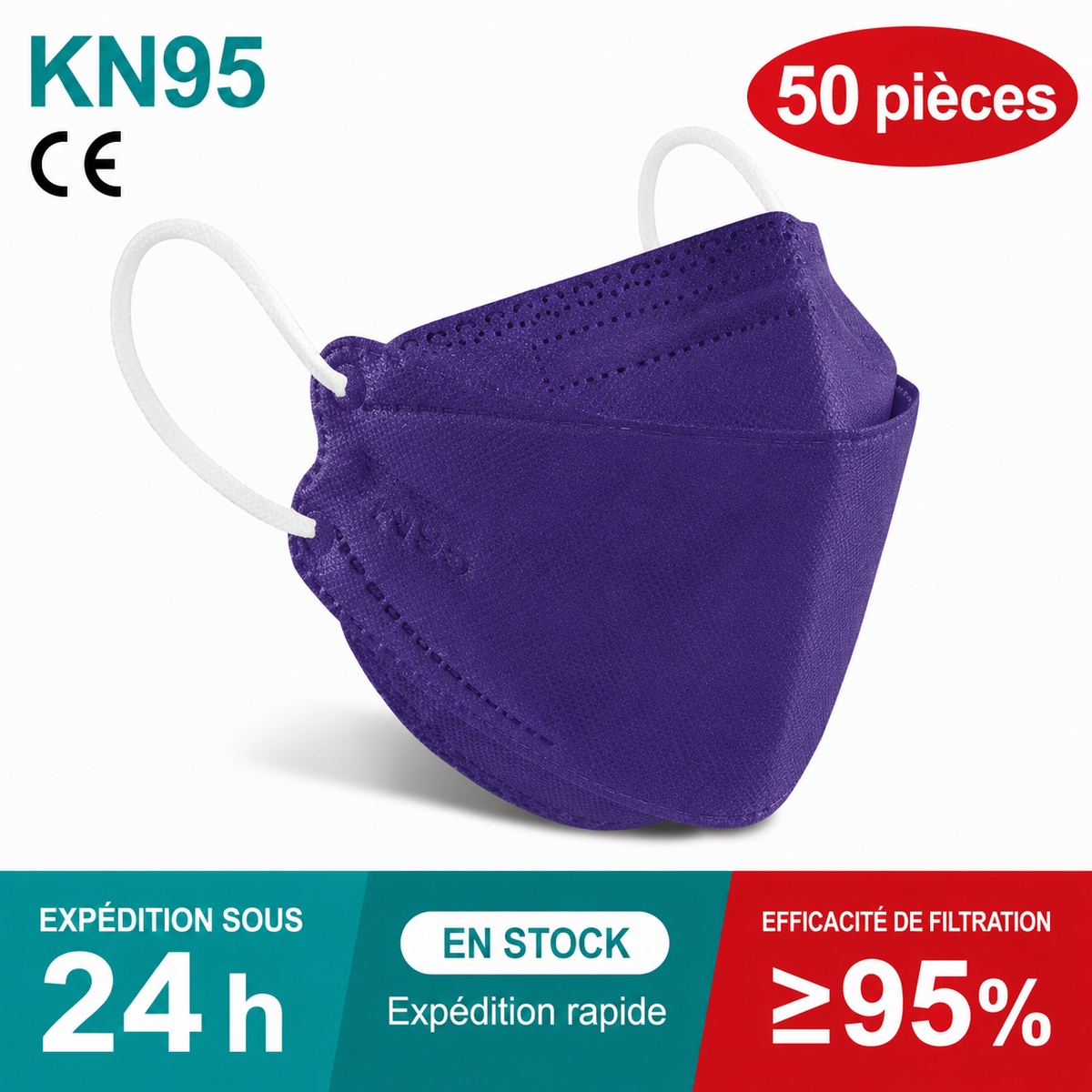 Masque KN95 FFP2 Lot de 50 – Masque respiratoire 4 couches ≥95 % – Plusieurs couleurs ADAPT Mobilité