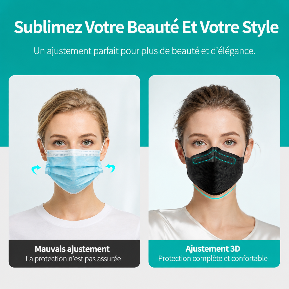 Masque KN95 FFP2 Lot de 50 – Masque respiratoire 4 couches ≥95 % – Plusieurs couleurs ADAPT Mobilité