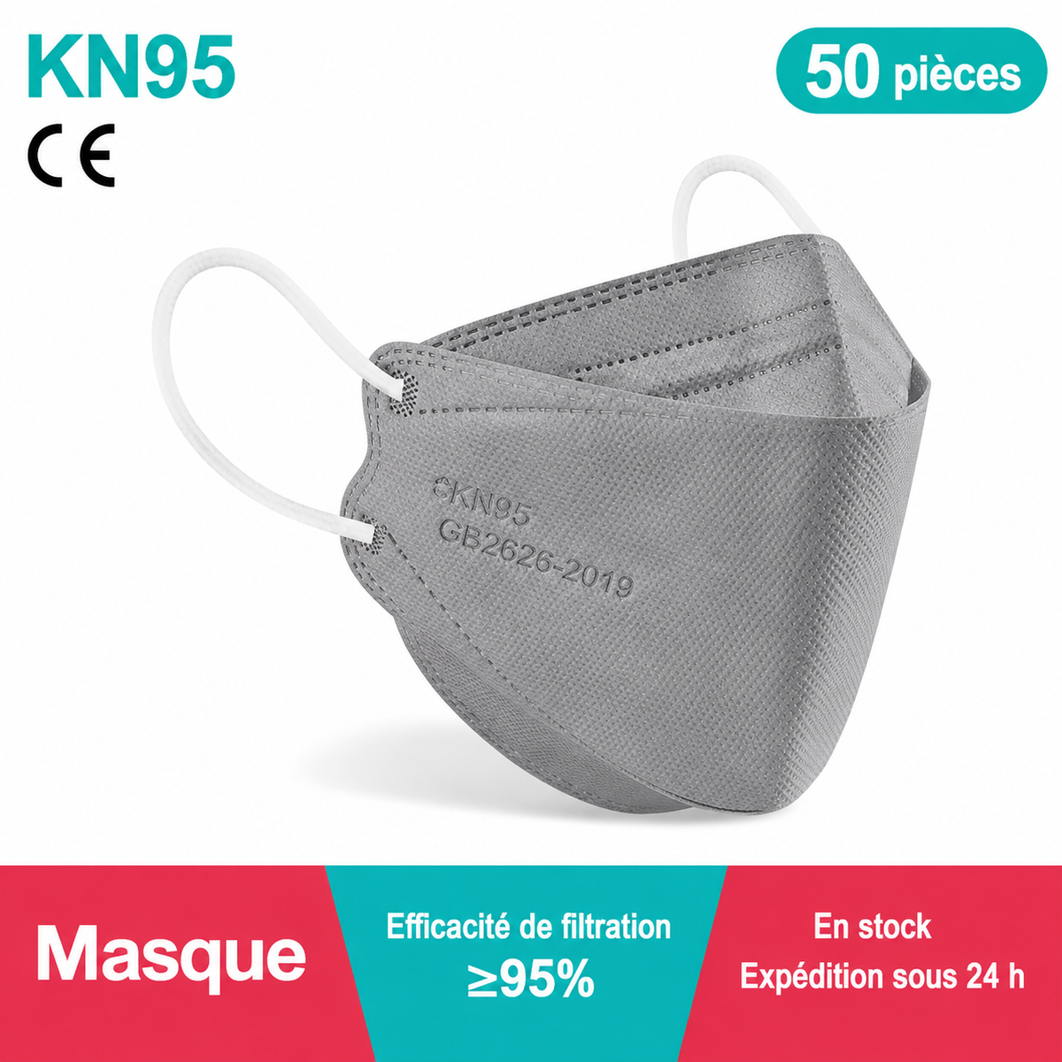 Masque KN95 FFP2 Lot de 50 – Masque respiratoire 4 couches ≥95 % – Plusieurs couleurs ADAPT Mobilité