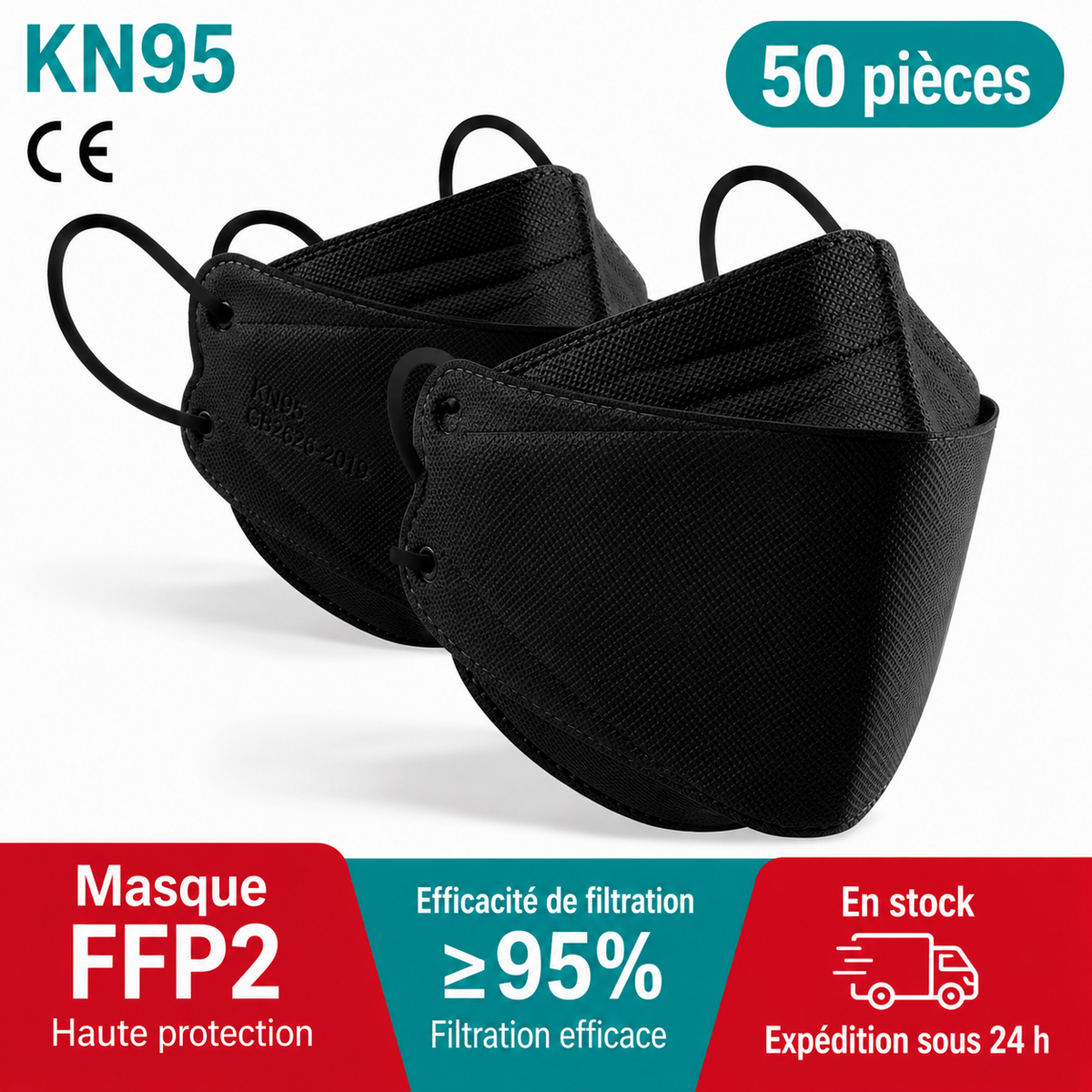 Masque KN95 FFP2 Lot de 50 – Masque respiratoire 4 couches ≥95 % – Plusieurs couleurs ADAPT Mobilité