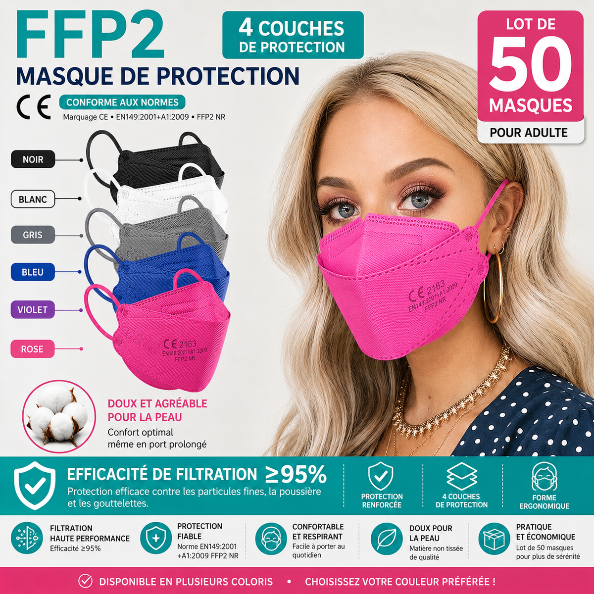 Masque KN95 FFP2 Lot de 50 – Masque respiratoire 4 couches ≥95 % – Plusieurs couleurs ADAPT Mobilité