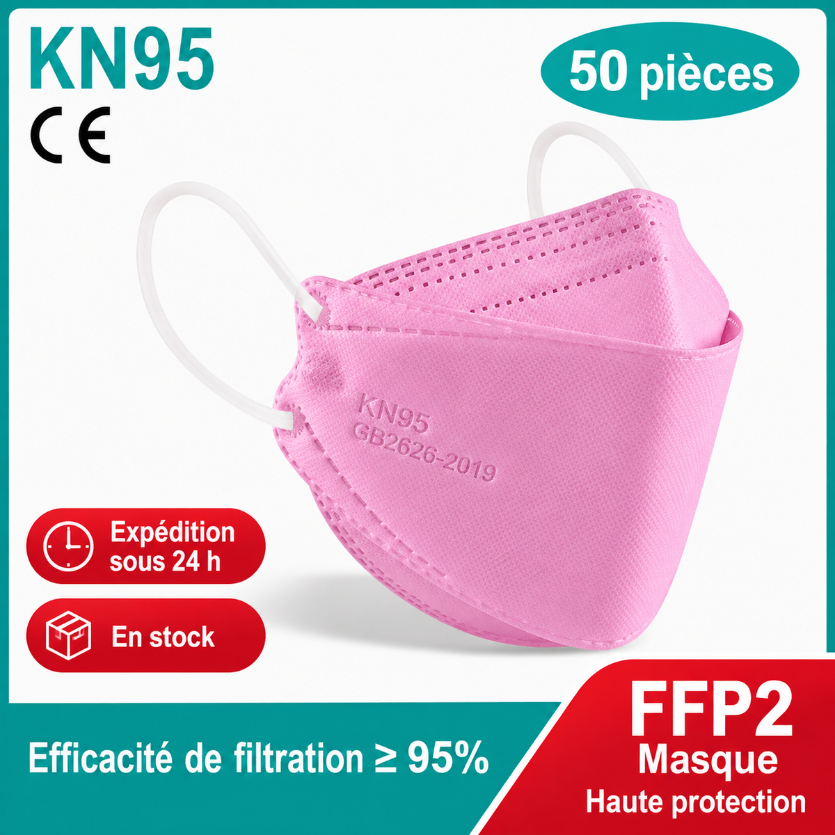 Masque KN95 FFP2 Lot de 50 – Masque respiratoire 4 couches ≥95 % – Plusieurs couleurs ADAPT Mobilité