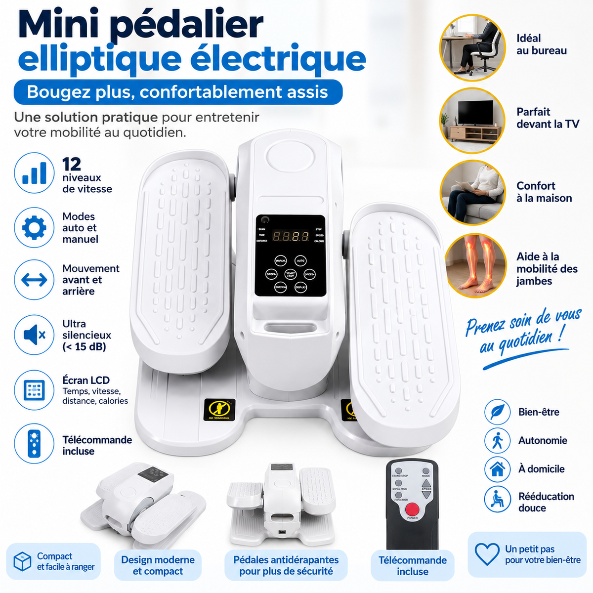 Mini vélo elliptique sous bureau pour bouger les jambes en position assise