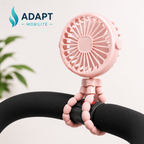 Mini ventilateur flexible rechargeable avec éclairage LED pour poussette, fauteuil roulant et bureau.