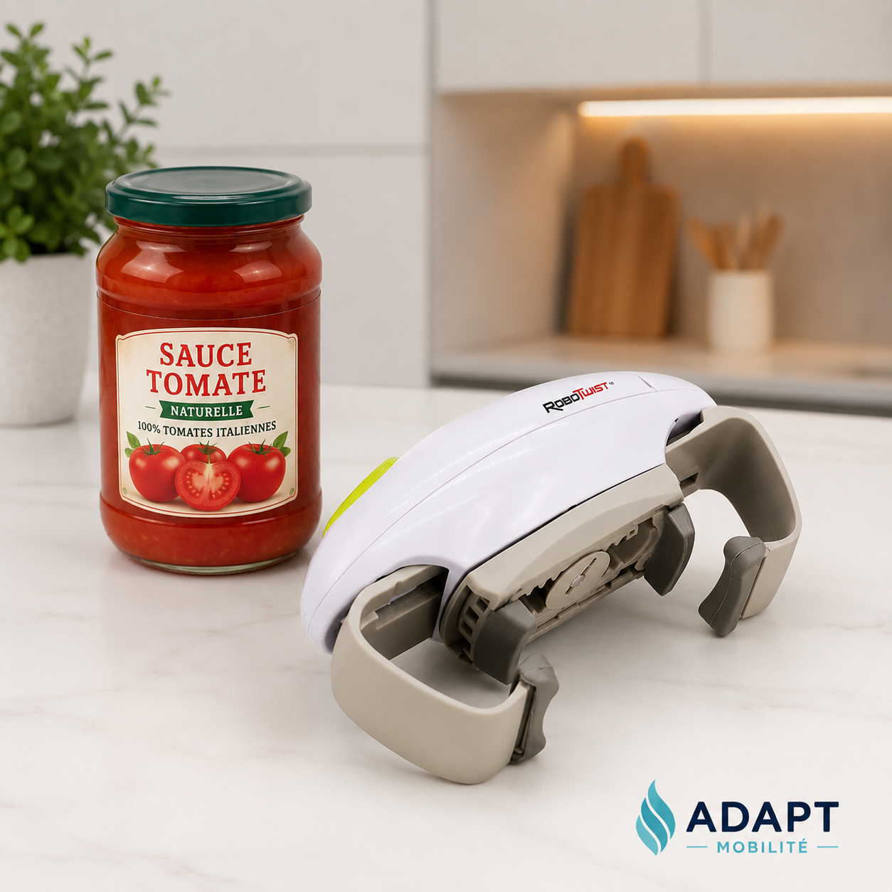 Ouvre-bocal automatique électrique ADAPT Mobilité présenté dans une cuisine moderne avec un bocal de sauce tomate.