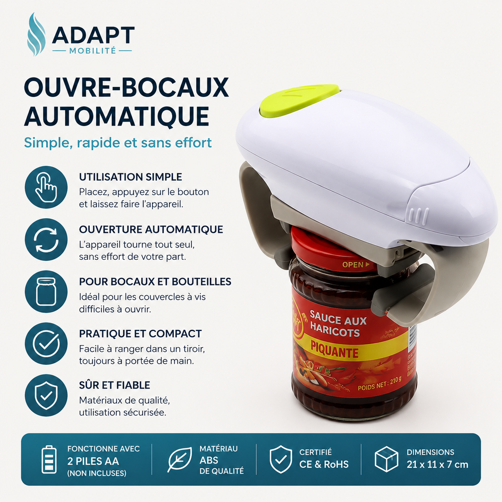 Ouvre-bocal électrique automatique ADAPT Mobilité facilitant l'ouverture des bocaux et couvercles au quotidien.