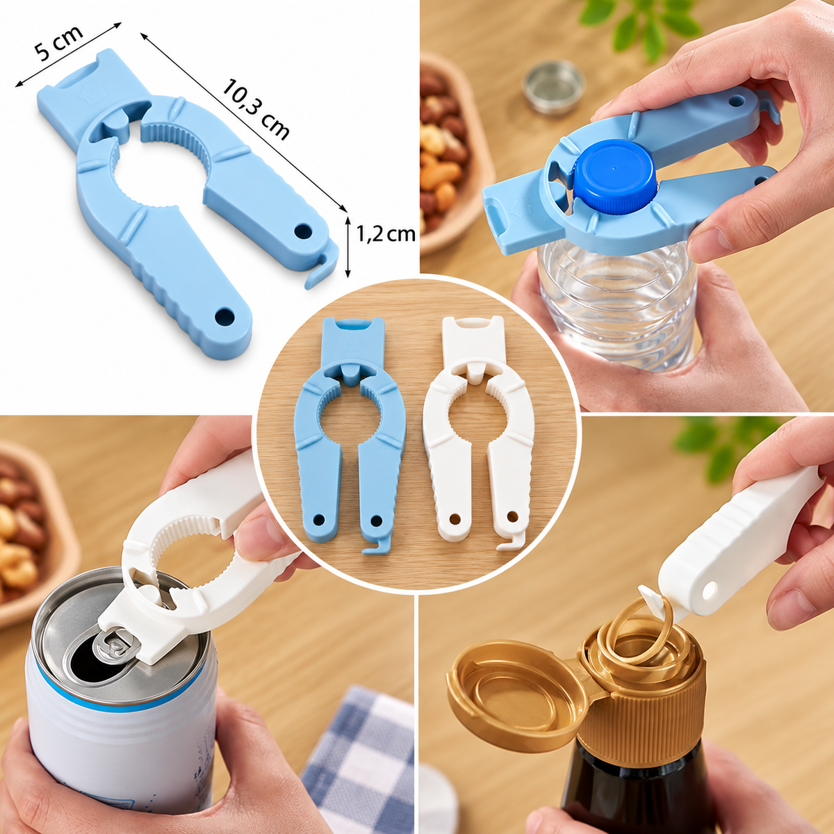 Lot de 2 ouvre-bouteilles multifonctions bleu et blanc pour bouchons et canettes