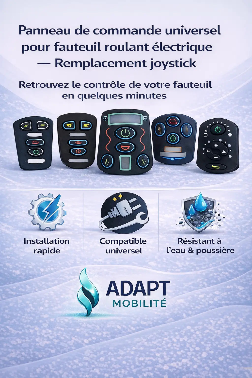 Panneau de commande joystick fauteuil roulant électrique – Adhésif 3M haute résistance ADAPT MOBILITE