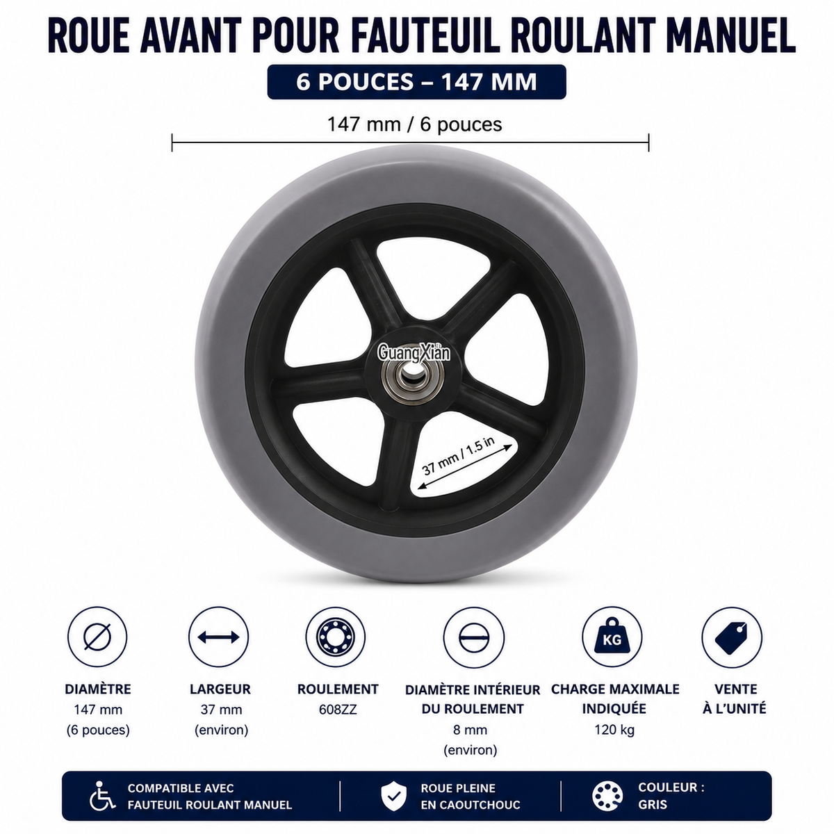 Roue pleine pour fauteuil roulant manuel 147 mm 6 pouces
