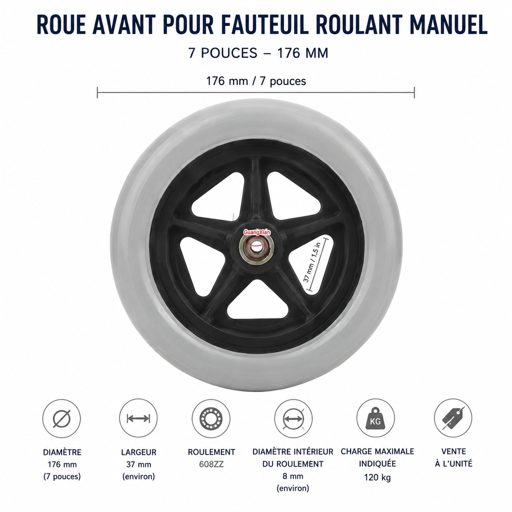 Roue pleine pour fauteuil roulant manuel 176 mm 7 pouces