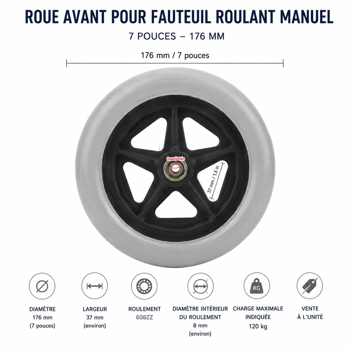 Roue pleine pour fauteuil roulant manuel 176 mm 7 pouces