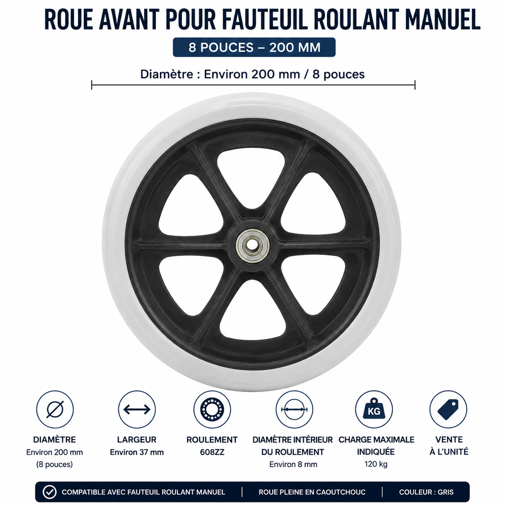 Roue pleine pour fauteuil roulant manuel 200 mm 8 pouces