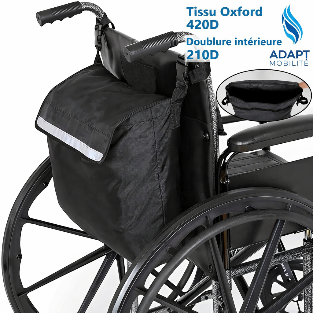 Sac de rangement fauteuil roulant – Grande capacité, imperméable et facile à fixer ADAPT MOBILITE