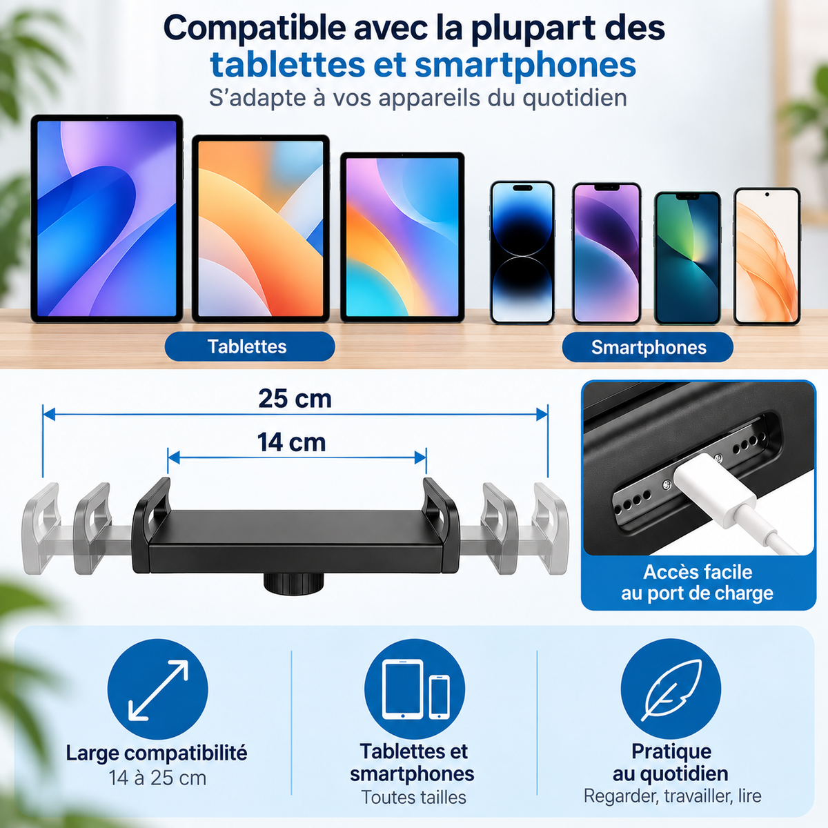 Support tablette à bras articulé utilisé confortablement depuis un lit