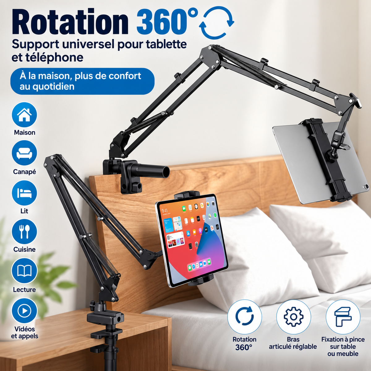 Support tablette réglable avec bras articulé et rotation 360°