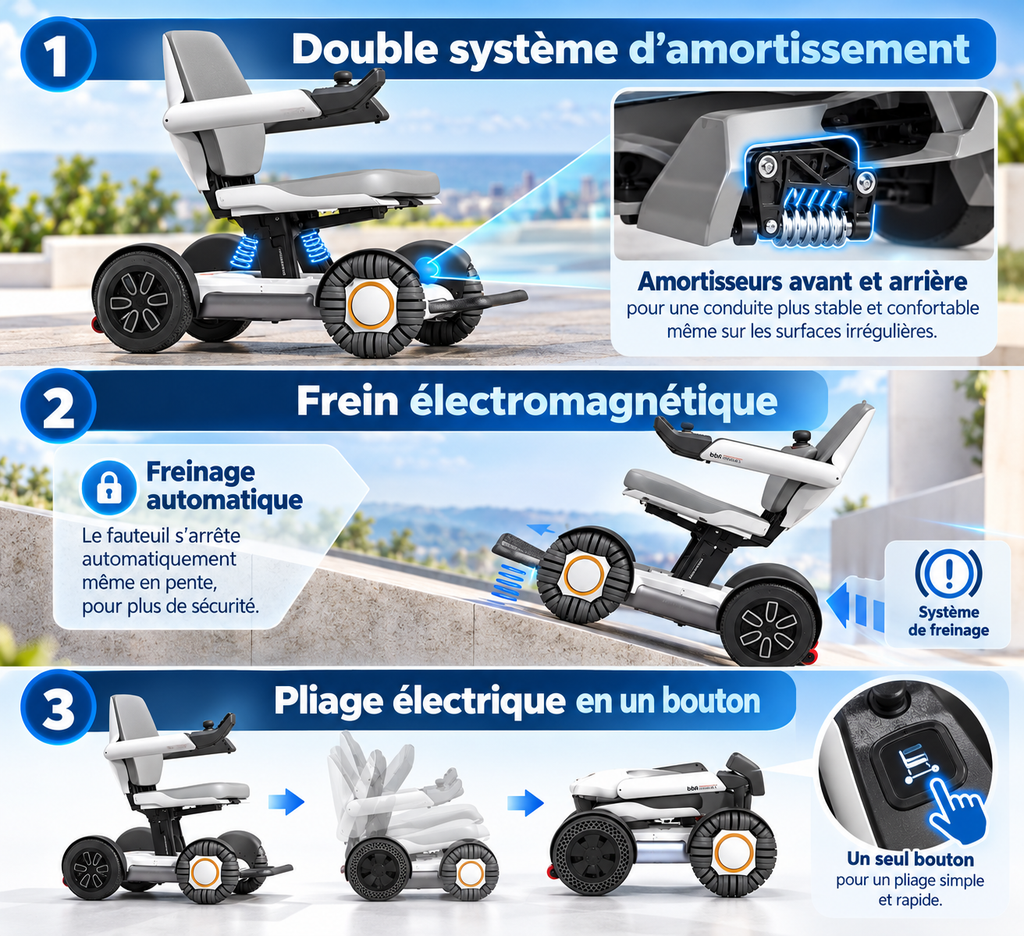 Principales fonctions du fauteuil électrique pliable et compact