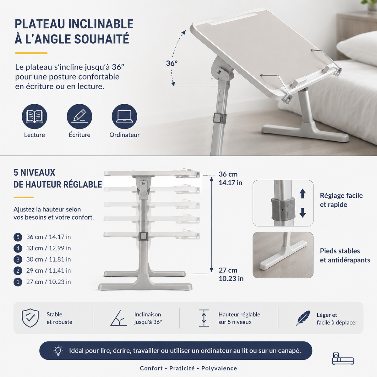 Table de lit réglable 56 x 32 cm avec hauteur ajustable