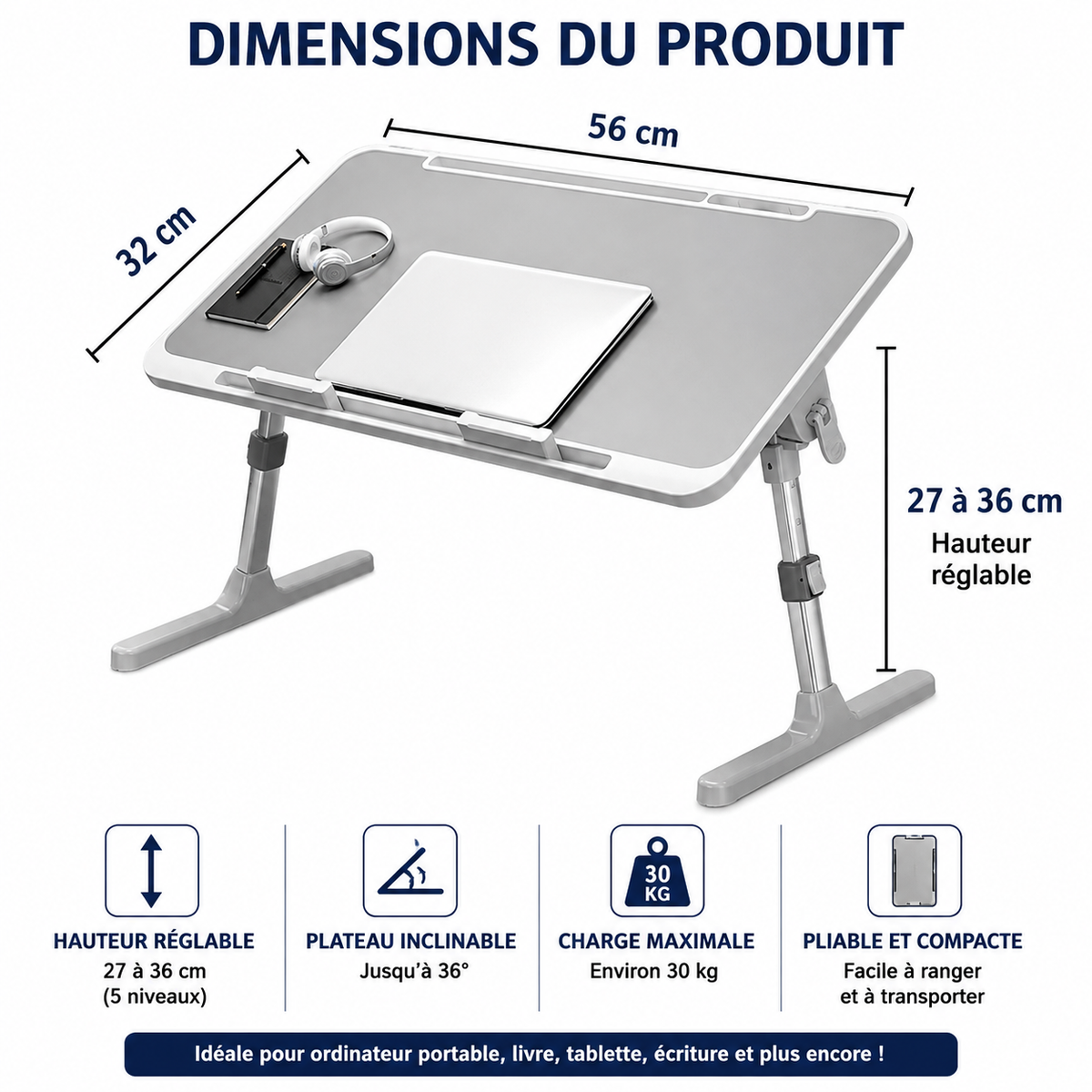 Table de lit avec hauteur réglable sur 5 niveaux de 27 à 36 cm