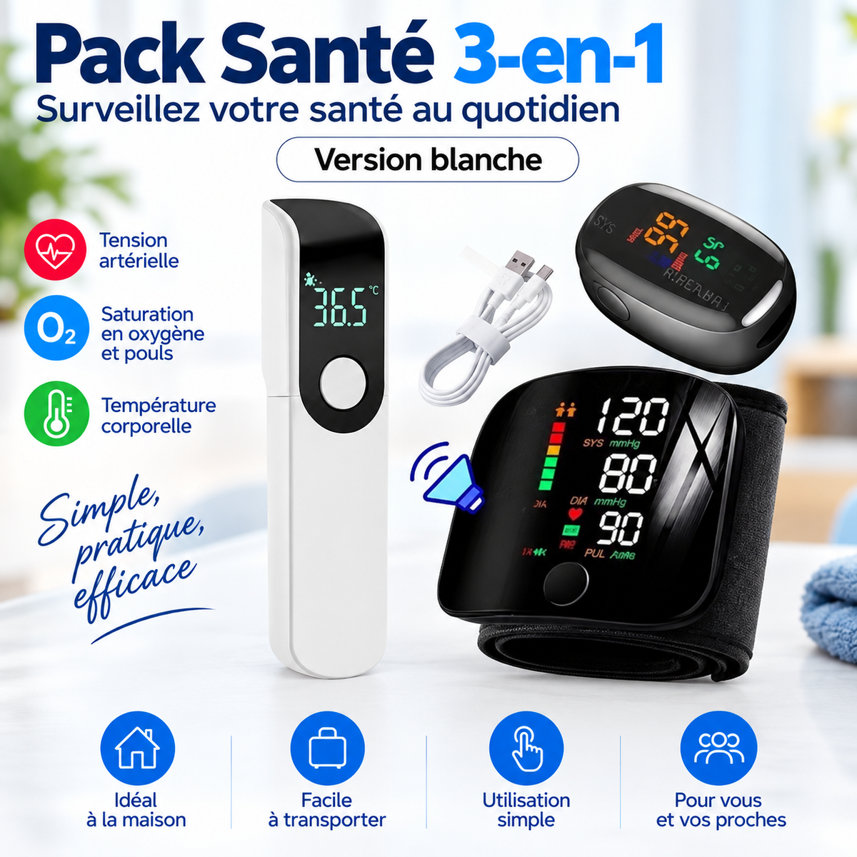 Kit santé 3-en-1 – Tensiomètre au poignet, oxymètre SpO₂ et thermomètre ADAPT Mobilité